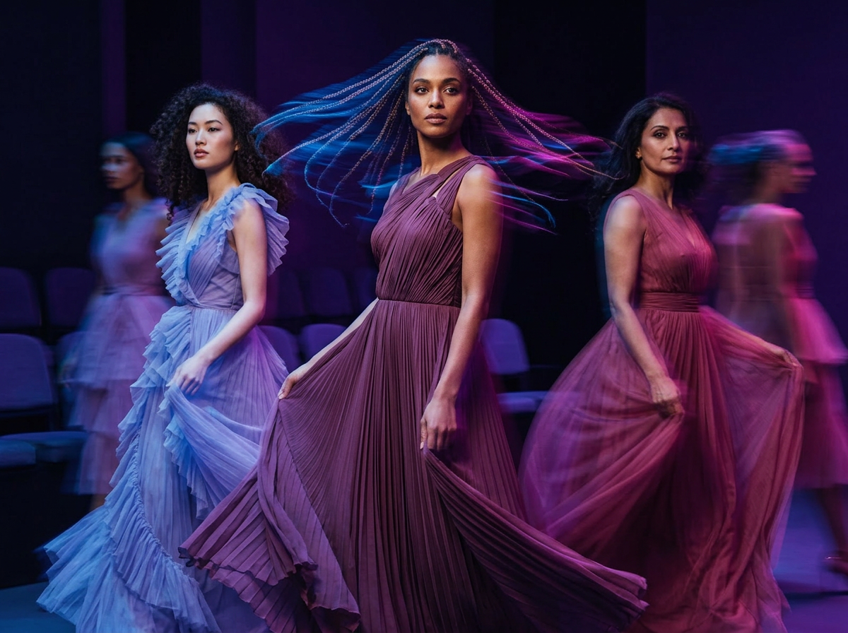Three women in flowing dresses moving across a violet-lit stage